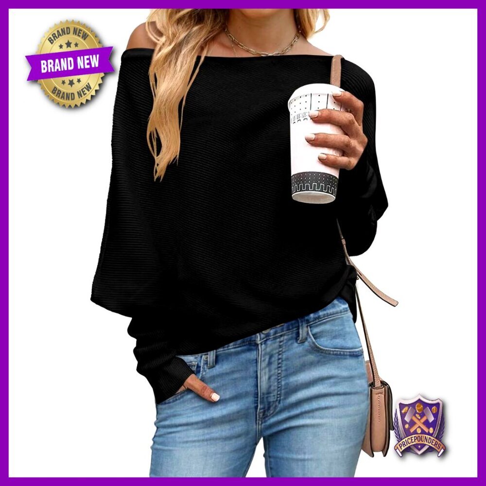 Long Sleeve Batwing Pullover Sweater Off Shoulder Boat Neck Loose Fit